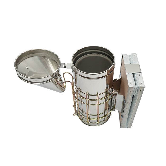 Affumicatore per api in acciaio inox con cilindro, scudo termico e soffietto in pelle, 230 mm