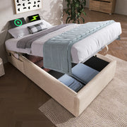 OKWISH Letto contenitore 90×190 cm, Letto Singolo con USB, Type C e contenitore con pistoni, senza Materasso, in Lino, Naturale