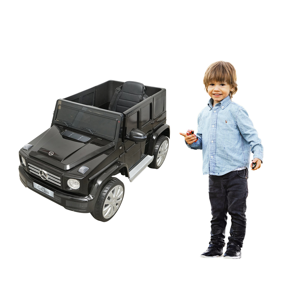 Auto elettrica con batteria 6V/7Ah e telecomando per bambini Mercedes G500 JJ2077 nera con sedile in pelle