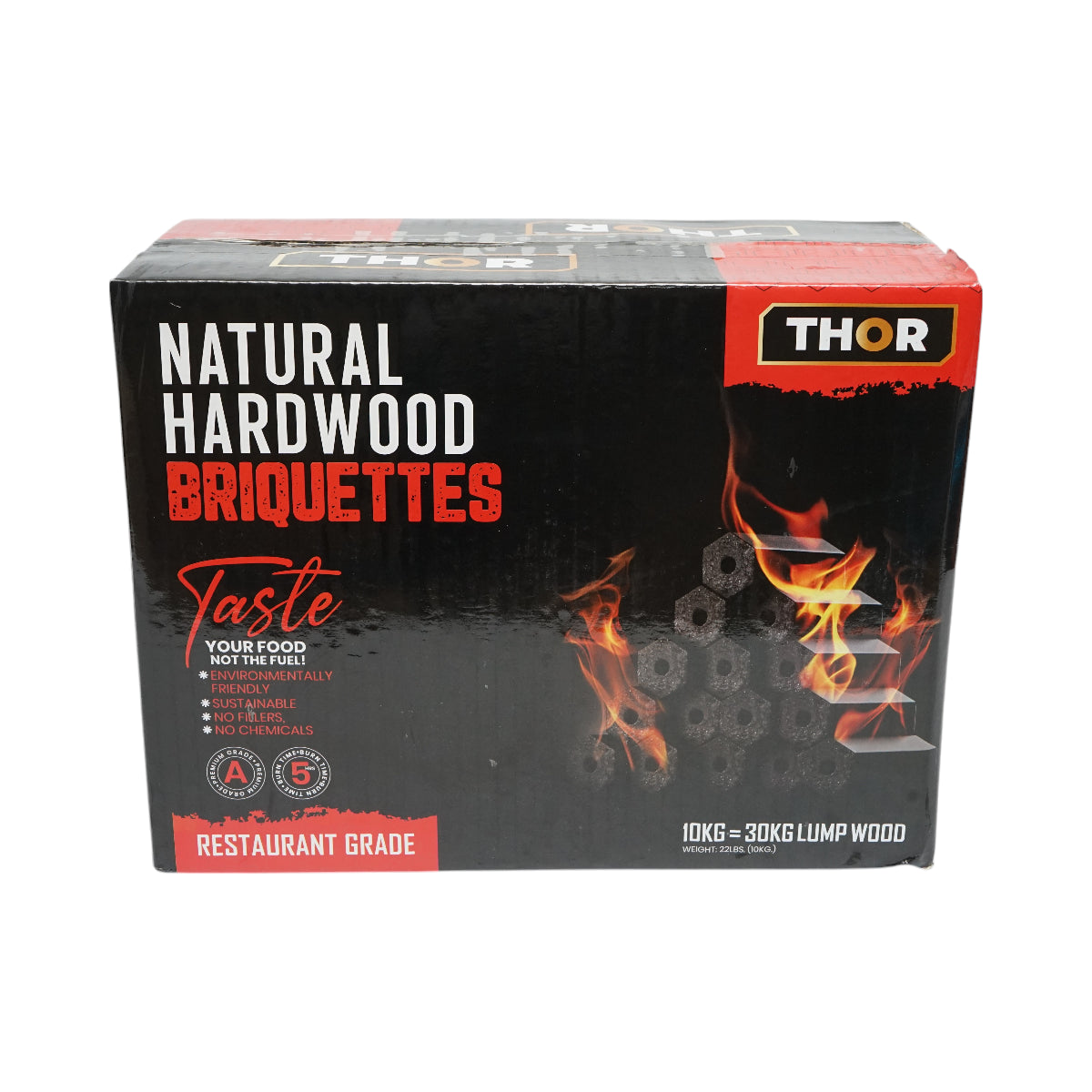 Carbone per barbecue bricchettato esagonale in legno di essenza dura, durata di combustione 5 ore, 10 kg, THOR.