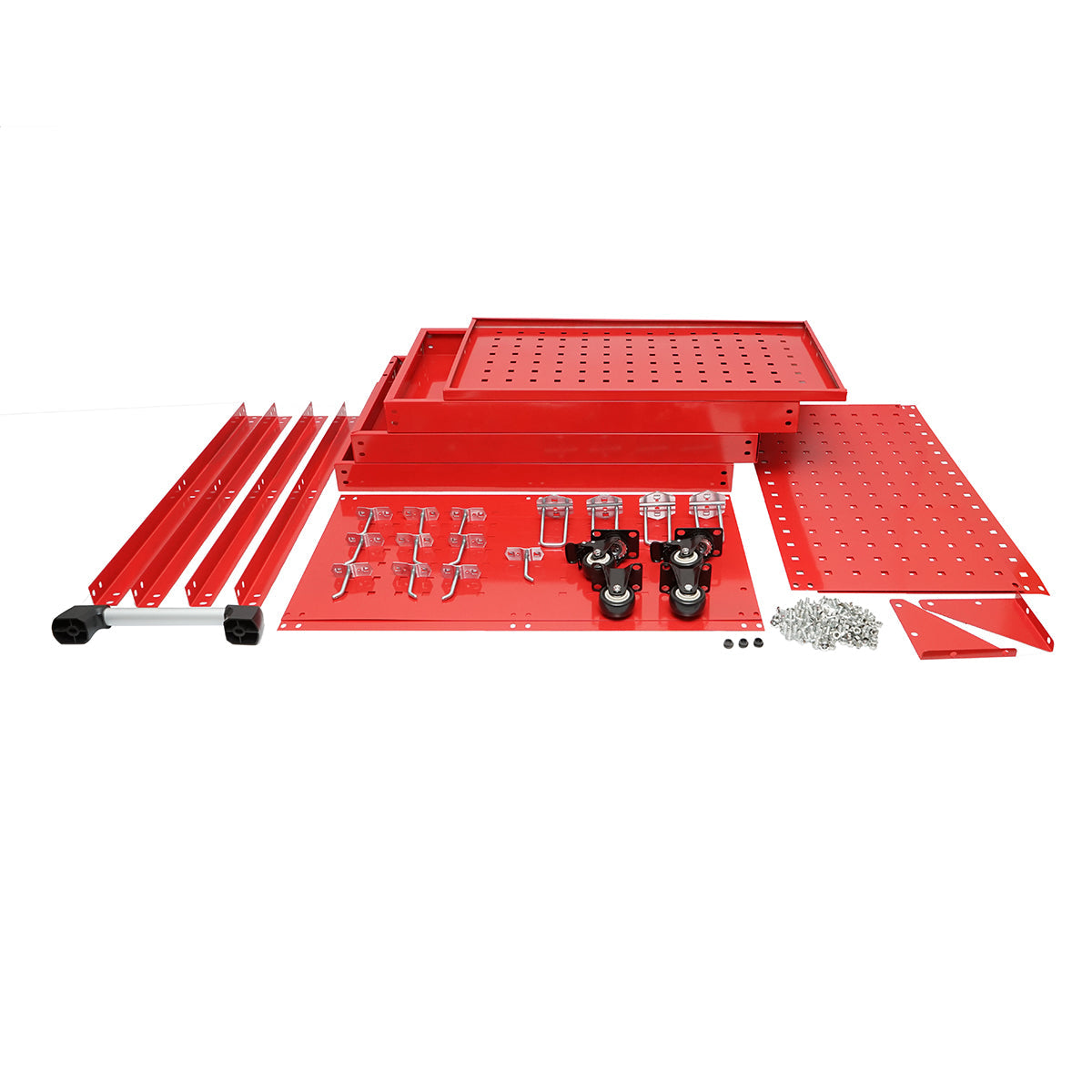 Carrello metallico su ruote con 3 ripiani e pannello con supporti per attrezzi 660x360x1080mm