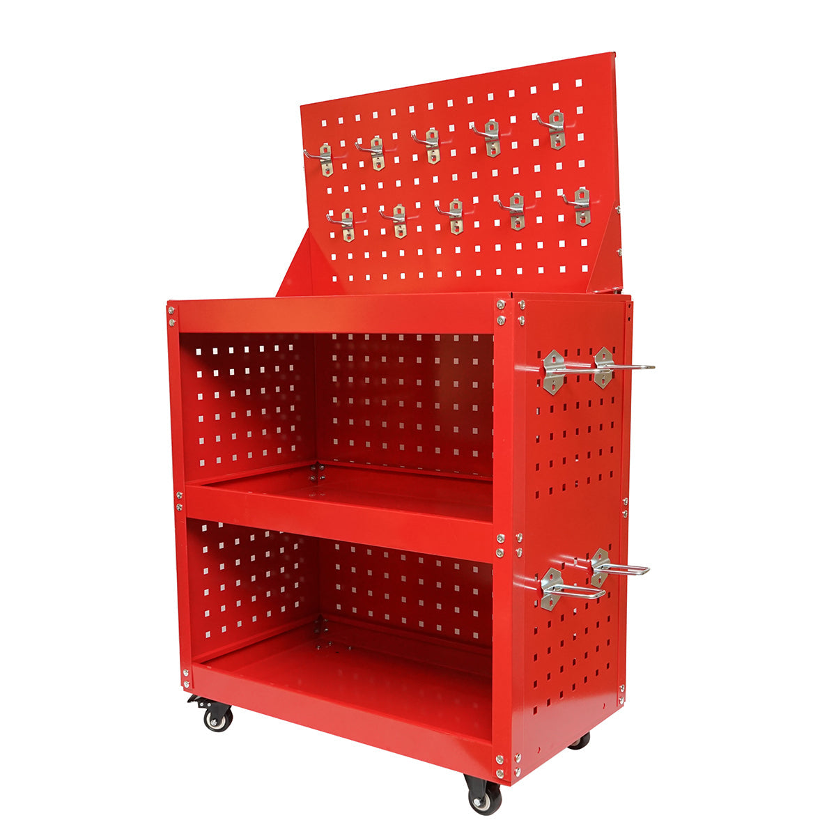 Carrello metallico su ruote con 3 ripiani e pannello con supporti per attrezzi 660x360x1080mm