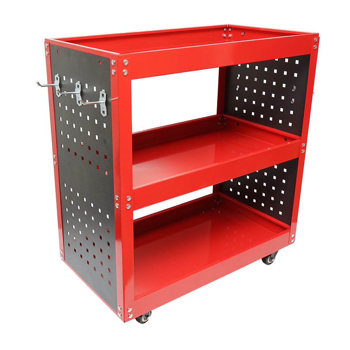 Carrello metallico su ruote con 3 ripiani e supporti per attrezzi 670x370x730mm