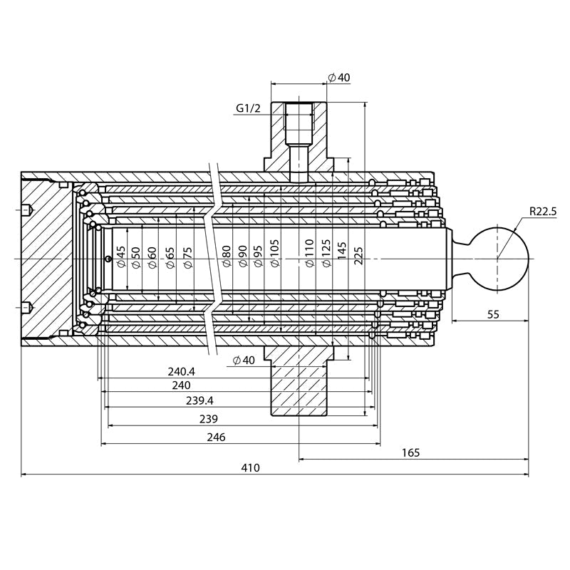 Cilindro idraulico per ribaltamento rimorchio 6 Ton con corsa a 5 gradini 1370mm