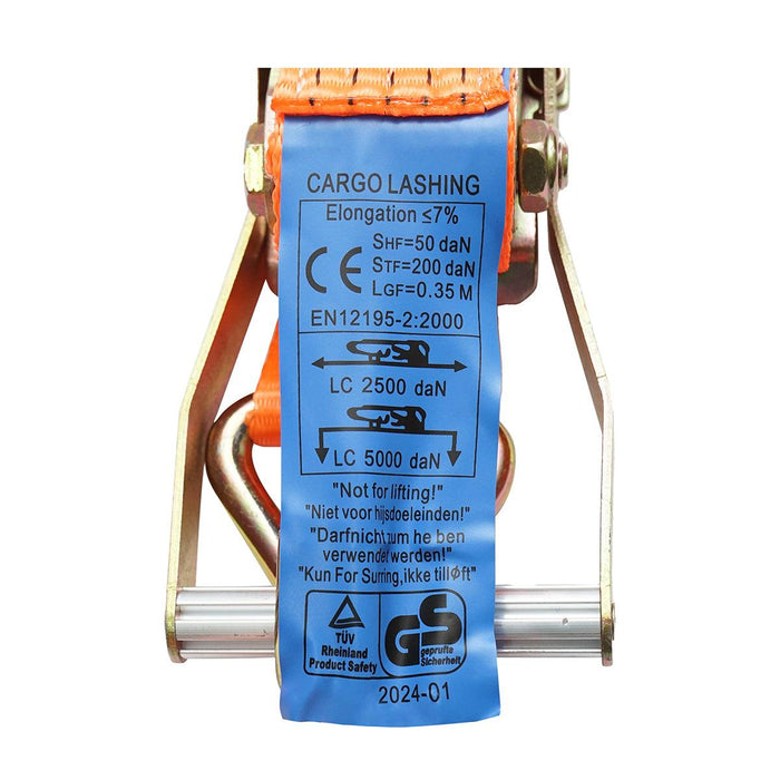 Cinghia di ancoraggio merci 15m x 50mm 5T, Cinghia a cricchetto e gancio