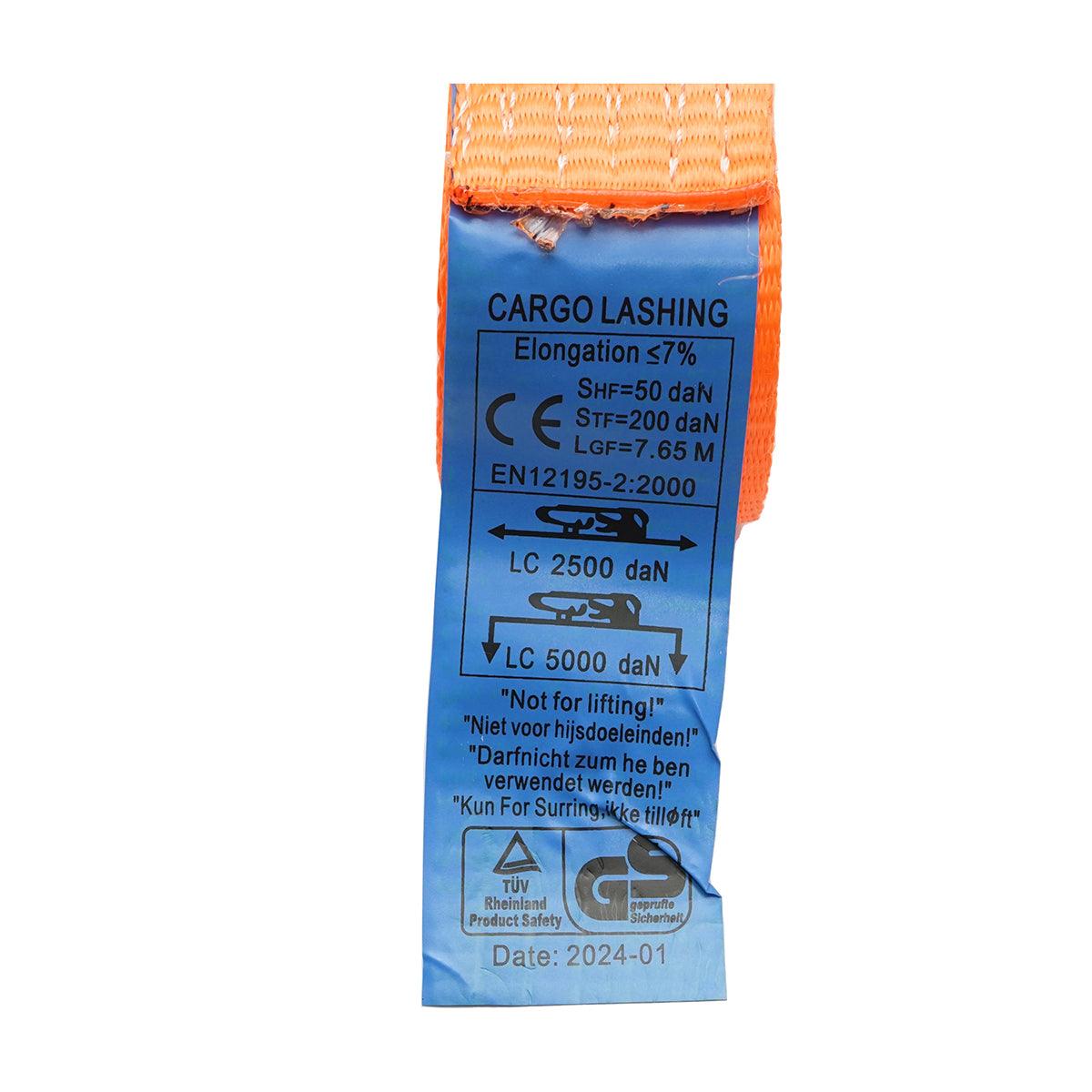 Cinghia di ancoraggio merci 8m x 50mm 5T, Cinghia a cricchetto con gancio, Arancione