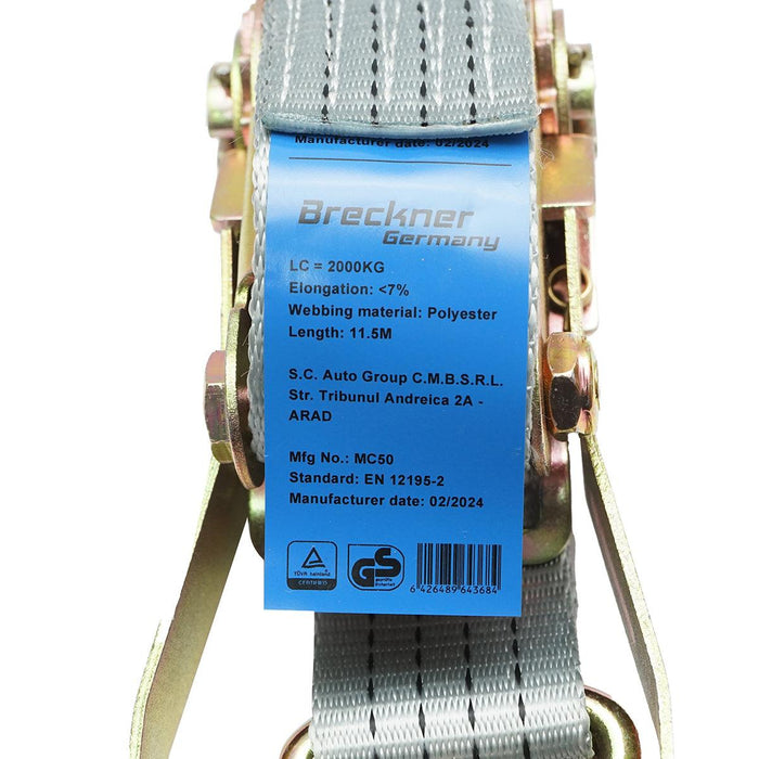 Cinghia di Ancoraggio Merci Cinghia di fissaggio, 12m x 50mm 2000kg, Cinghia a cricchetto e gancio