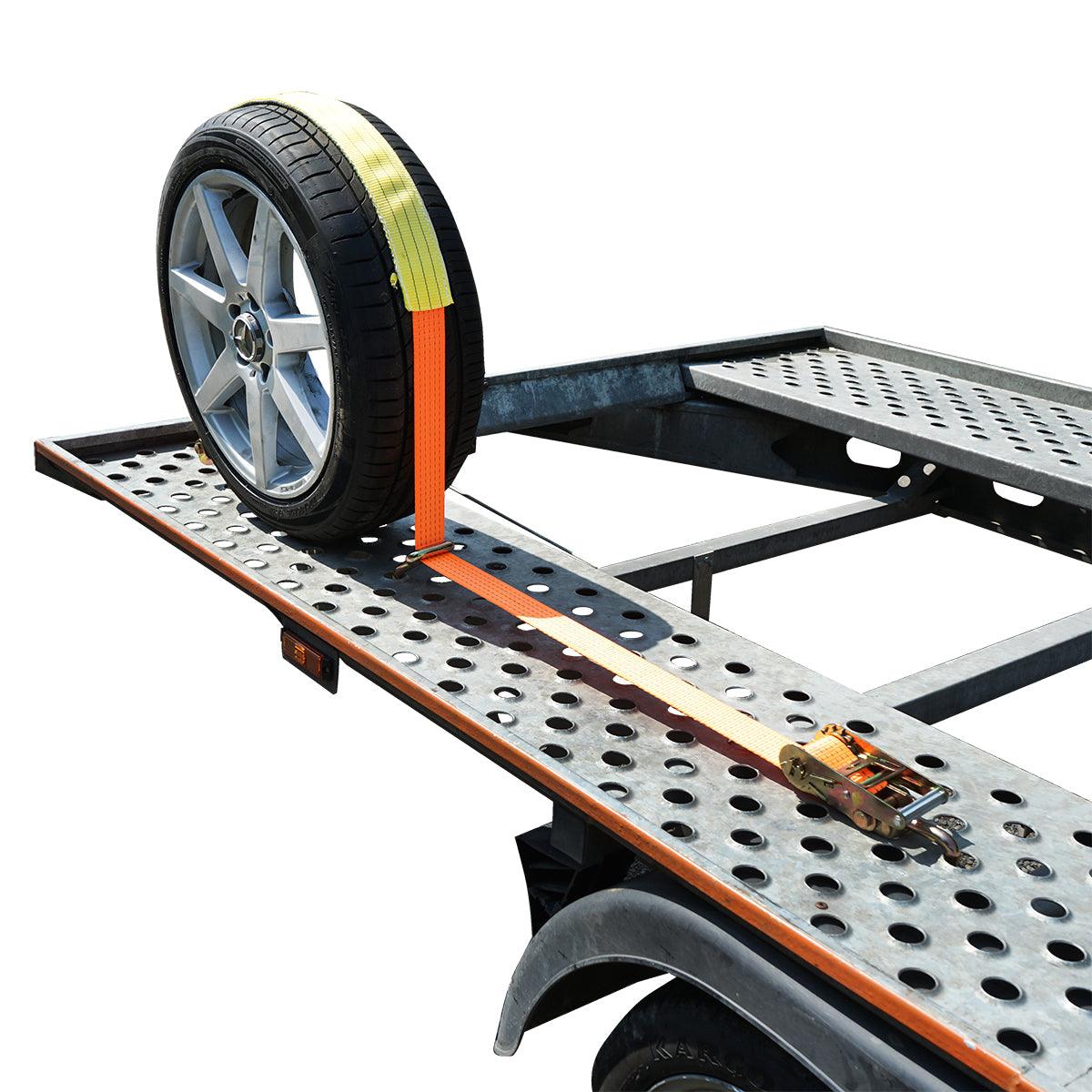 Cinghia di ancoraggio per fissaggio ruota 2,5 M Cinghia di ancoraggio per ruota auto 2,5 m, con ganci e cricchetto