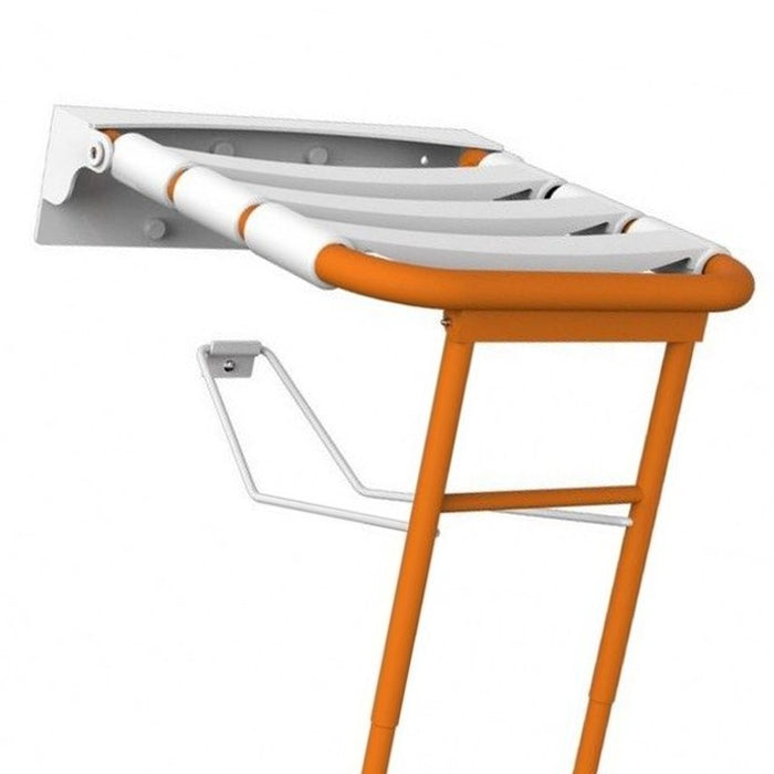 Sedile per doccia ribaltabile con rinforzo a terra, arancio