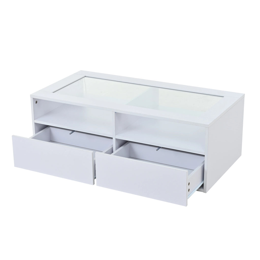 TAVOLINO DA CAFFÈ 100x50x35 cm Bianco in Vetro e Truciolato con LED e 2 Cassetti