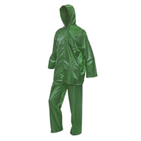 Completo impermeabile taglia XXL con cappuccio e pantaloni in poliestere e PVC, verde Breckner Germany
