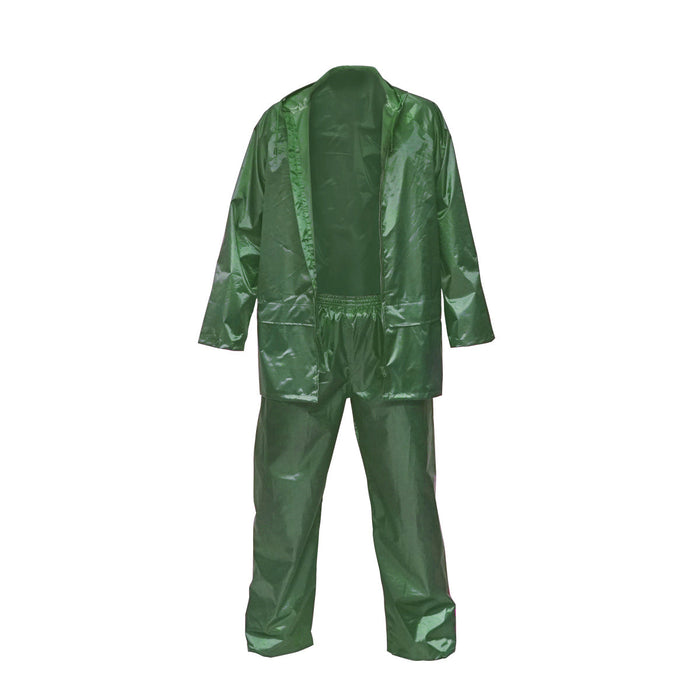 Completo impermeabile taglia XXL con cappuccio e pantaloni in poliestere e PVC, verde Breckner Germany