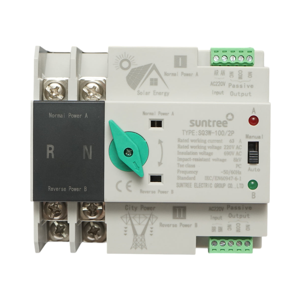 Comutatore ATS 220V monofase, separatore automatico da pannelli fotovoltaici alla rete SQ3W-100/2P Suntree