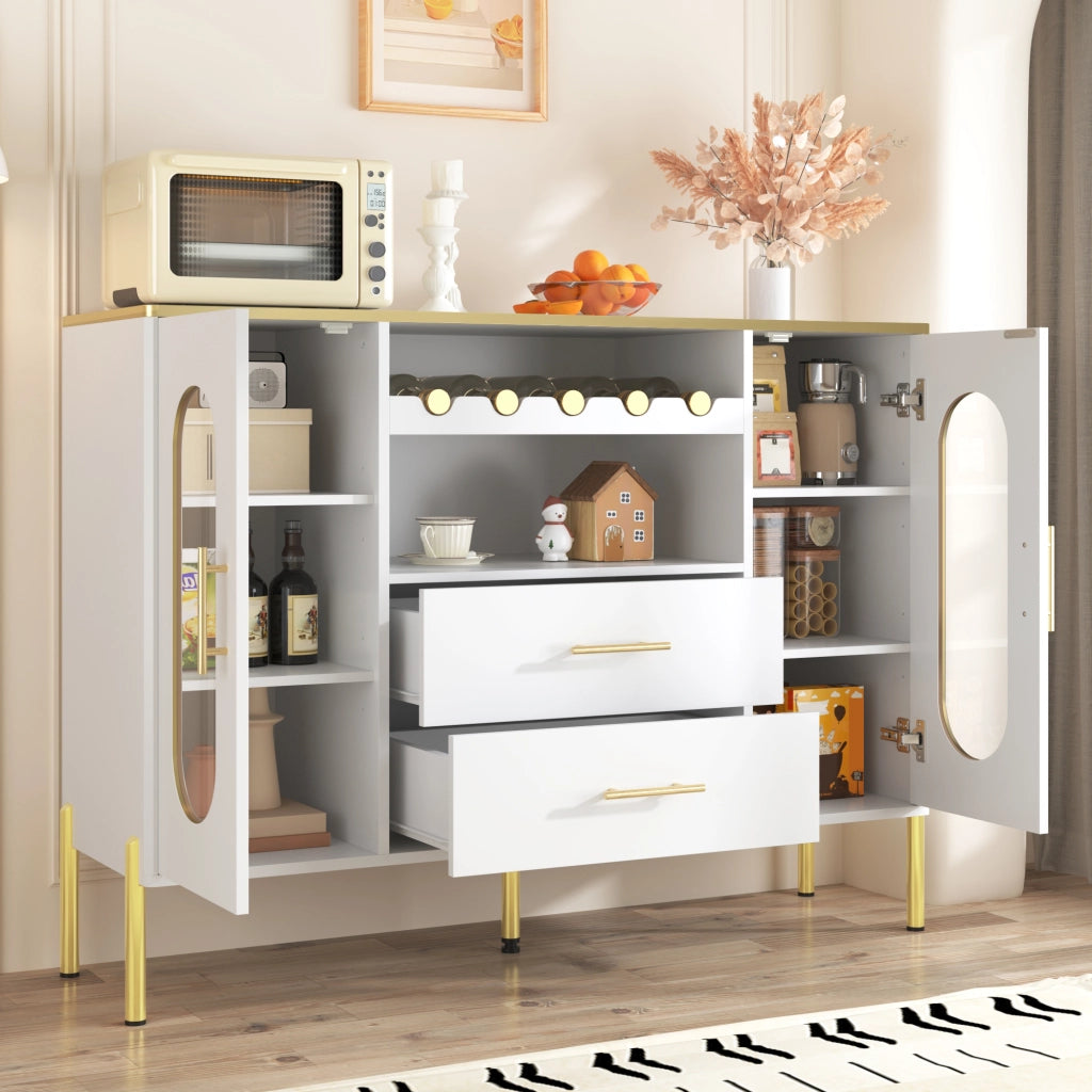Credenza con 2 Ante in Vetro; 2 Cassetti e Portabottiglie; Maniglie Dorate; Piede Regolabile; in MDF; 120??38??90 cm; Bianco