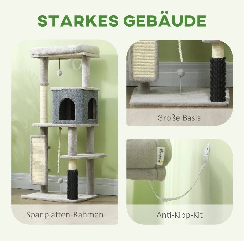 Tiragraffi per gatti con cuccia e lettino, 132 cm, grigio chiaro