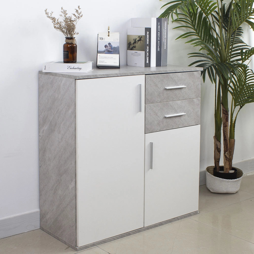 Cassettiera Mobile Armadietto 2 Porte 2 Cassetti Design Moderno Cemento e Bianco