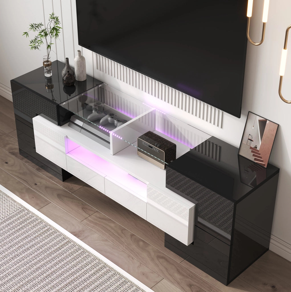 Mobile TV moderno con LED multicolore; 145 cm; bianco lucido e nero
