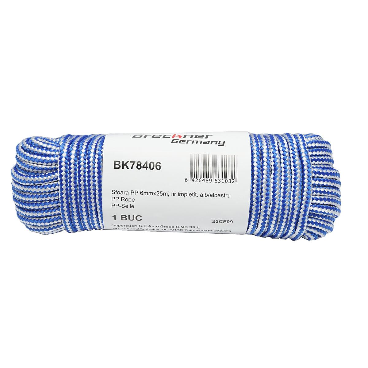 Corda PP intrecciata 6 mm x 25 m, bianca/blu, Corda multiuso in polipropilene, Breckner Germany