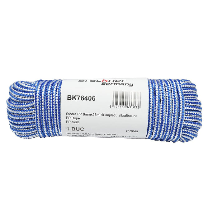 Corda PP intrecciata 6 mm x 25 m, bianca/blu, Corda multiuso in polipropilene, Breckner Germany