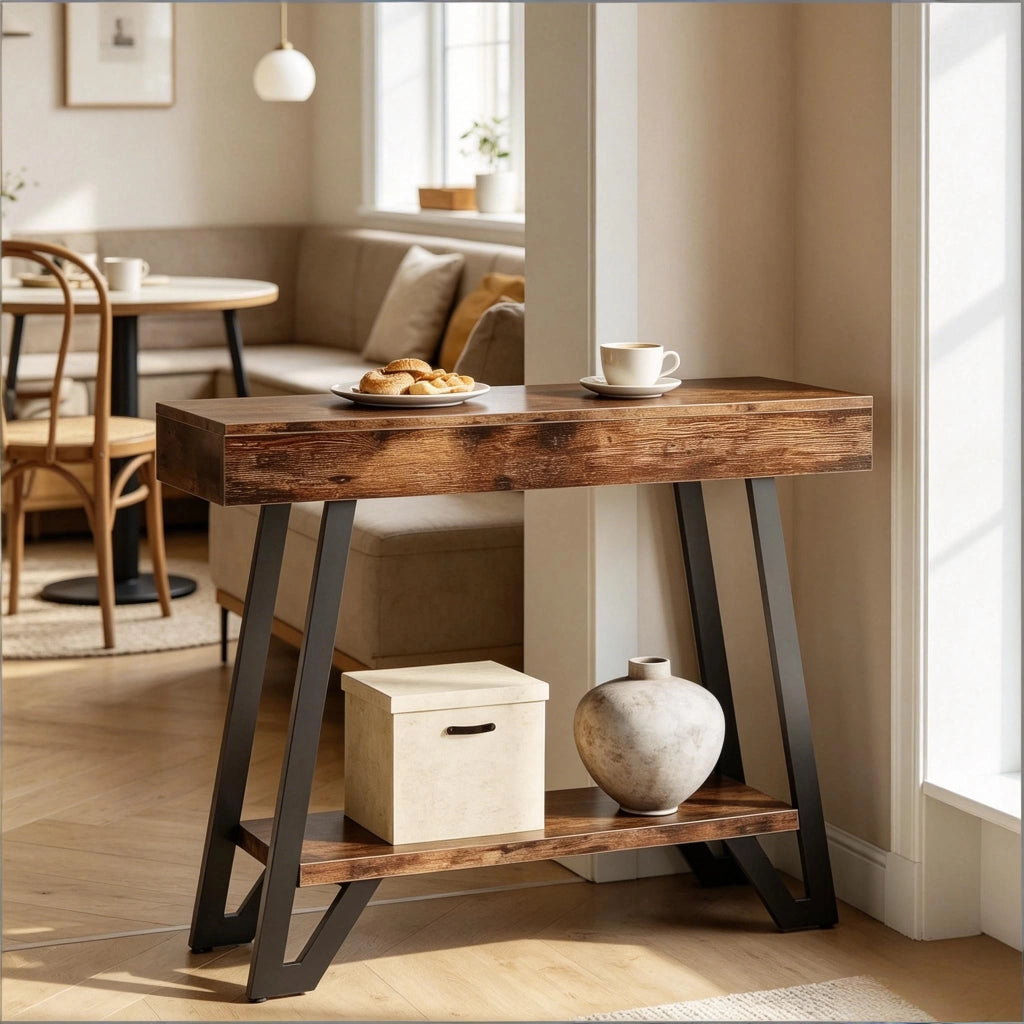 Tavolino basso rettangolare con 2 ripiani, stile vintage industriale, per soggiorno e ingresso, in MDF e metallo, nero