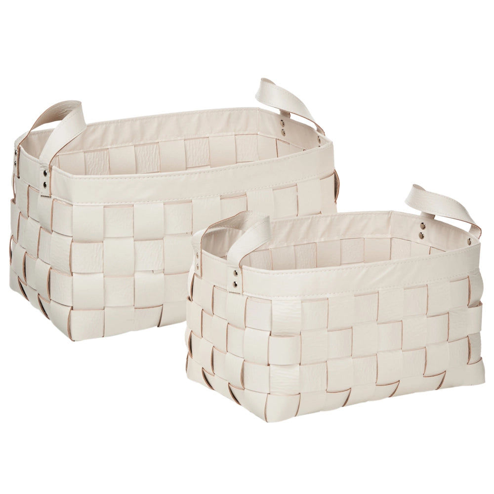 Set di 2 cesti fatti a mano in ecopelle beige con manici design retrò