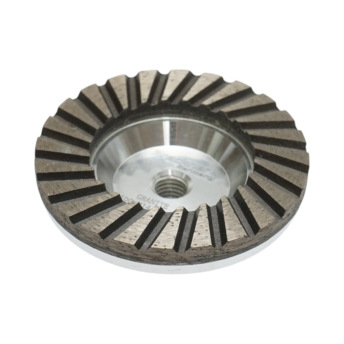 Disco diamantato a tazza segmentata turbo da 100 mm, filettatura M14, alluminio grezzo per la levigatura del granito Breckner Germany