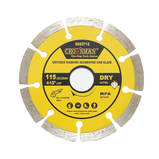 Disco diamantato segmentato 115x22,23mm, max. velocità. 13300 giri/min, taglio a secco per cemento, pietra, granito, marmo Crownman