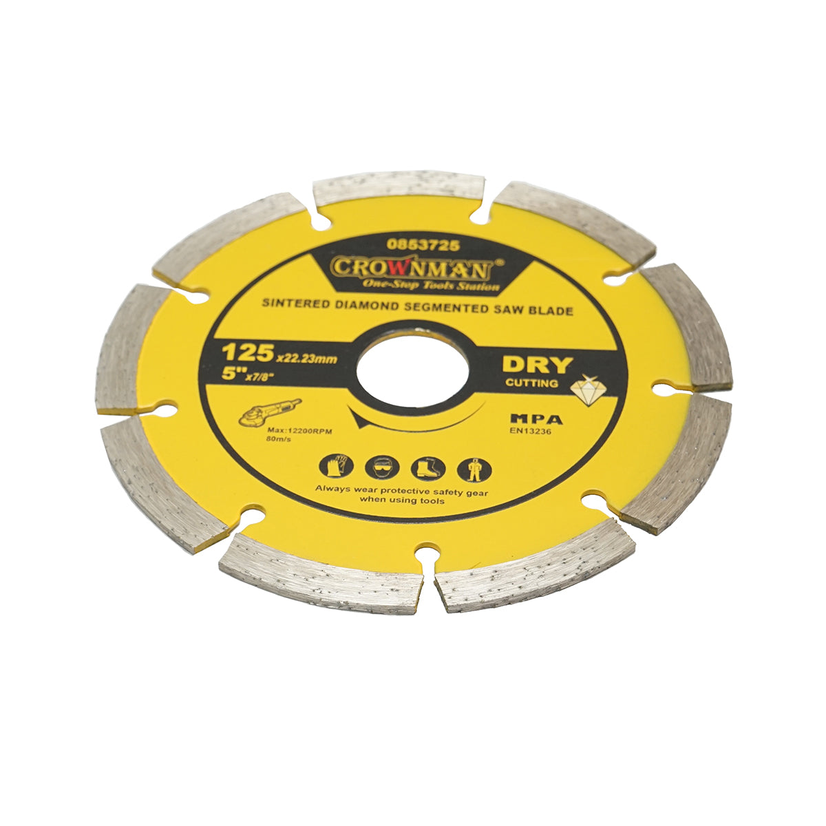 Disco diamantato segmentato 125x22,23mm, max. velocità. 12200 giri/min, taglio a secco per cemento, pietra, granito, marmo Crownman