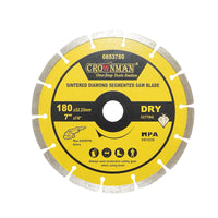 Disco diamantato segmentato 180x22,23mm, max. velocità. 8500 giri/min, taglio a secco per cemento, pietra, granito, marmo Crownman