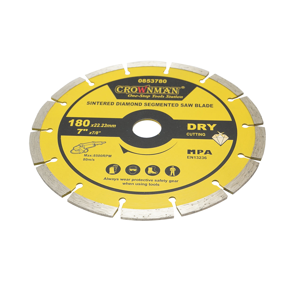 Disco diamantato segmentato 180x22,23mm, max. velocità. 8500 giri/min, taglio a secco per cemento, pietra, granito, marmo Crownman