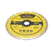 Disco diamantato segmentato 180x22,23mm, max. velocità. 8500 giri/min, taglio a secco per cemento, pietra, granito, marmo Crownman