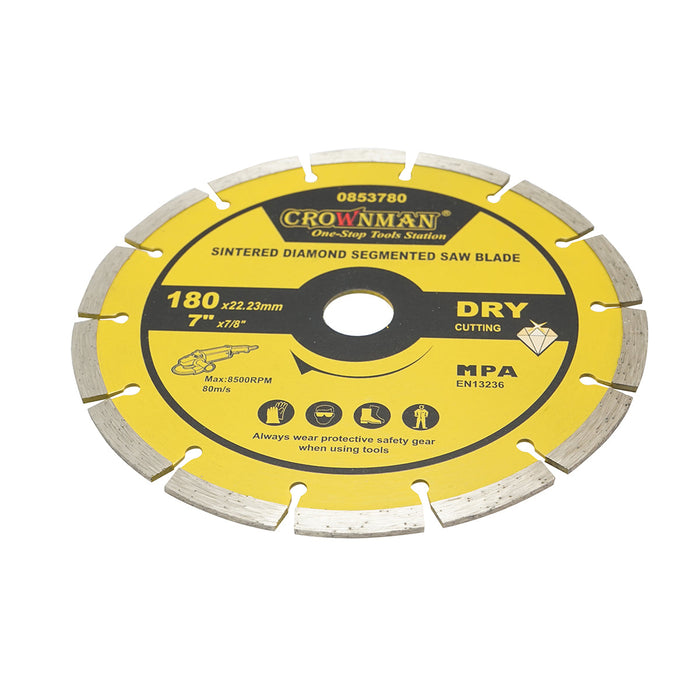 Disco diamantato segmentato 180x22,23mm, max. velocità. 8500 giri/min, taglio a secco per cemento, pietra, granito, marmo Crownman