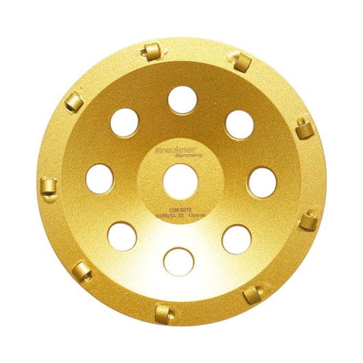 Disco diamantato segmentato PCD tipo tazza 180x22,23, levigatura calcestruzzo, pietra, travertino, mosaico, pavimentazione, mattoni Breckner Germany