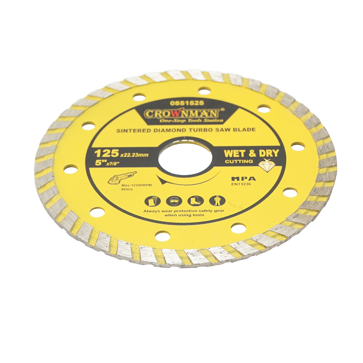 Disco diamantato sinterizzato turbo 125x22,23mm, max. velocità. 12200 giri/min, taglio a umido/a secco per pietra, arenaria, ceramica, marmo Crownman