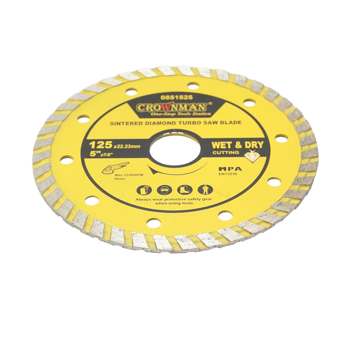 Disco diamantato sinterizzato turbo 125x22,23mm, max. velocità. 12200 giri/min, taglio a umido/a secco per pietra, arenaria, ceramica, marmo Crownman