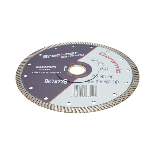 Disco diamantato turbo 200x30/25,4 mm, segmento 10 mm per piastrelle, maiolica, ceramica dura, marmo, granito Breckner Germany