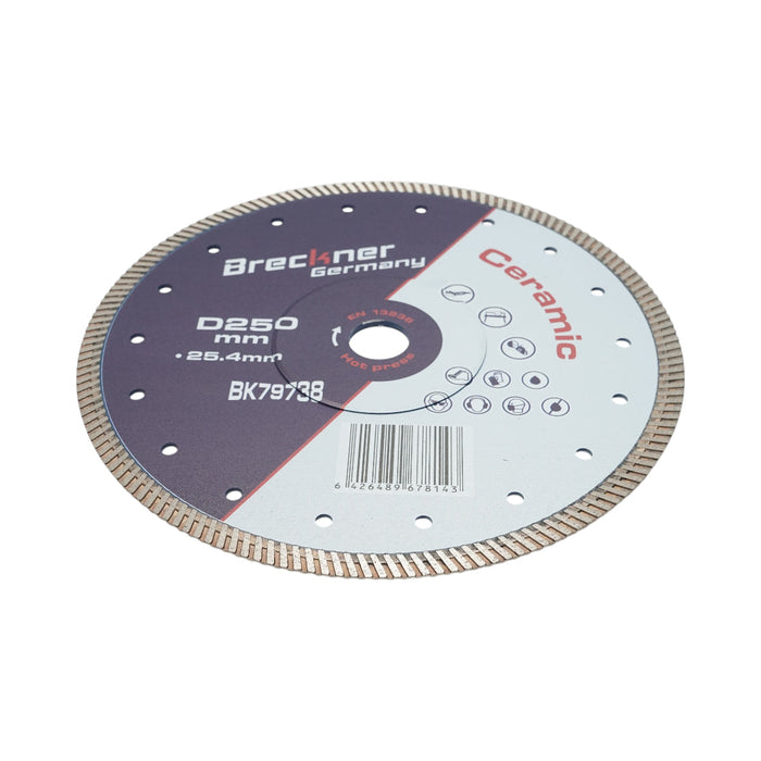 Disco diamantato turbo 250x25,4 mm, segmento 10 mm per piastrelle, maiolica, ceramica dura, marmo, granito Breckner Germany