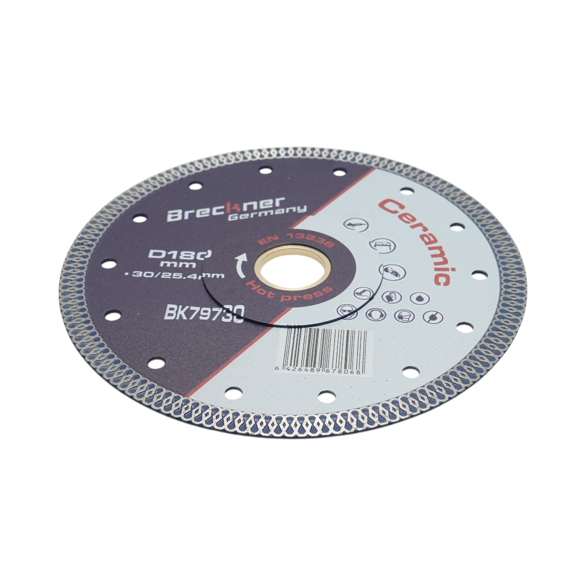 Disco diamantato turbo continuo 180x30/25,4 mm, segmento 10 mm per piastrelle, maiolica, ceramica dura Breckner Germany