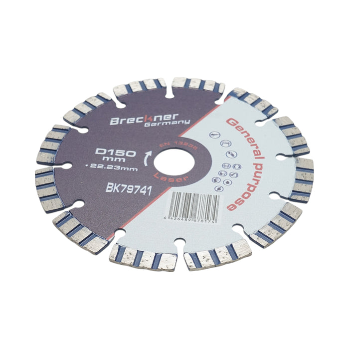 Disco diamantato turbo segmentato 150x22,23 mm, segmento 10 mm per cemento armato, pietra dura, autobloccanti Breckner Germany