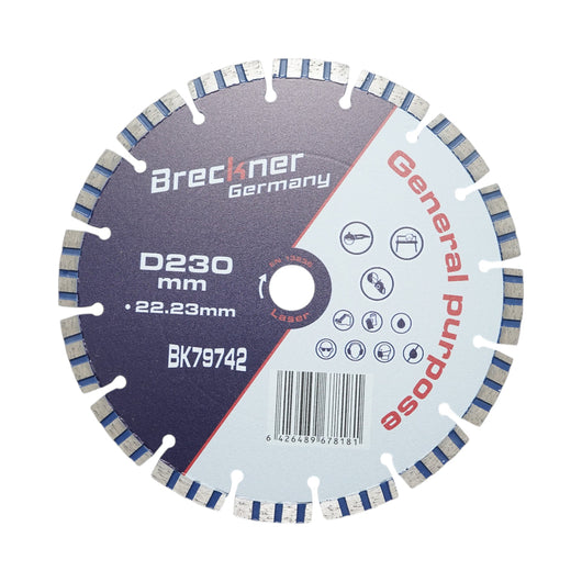 Disco diamantato turbo segmentato 230x22,23 mm, segmento 10 mm per cemento armato, pietra dura, autobloccanti Breckner Germany