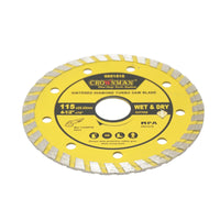 Disco diamantato turbo sinterizzato 115x22.23 mm, velocità massima 13.300 giri/min, taglio a umido/asciutto per pietra, gres, ceramica e marmo, Crownman