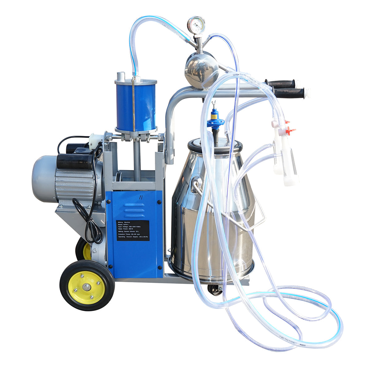 Dispositivo per mungitura di mucche, 1 postazione, 550W, 220V, bidone in acciaio inox da 25L, gruppo di mungitura con 2 manicotti, pressione del vuoto 45-50 kPa, pulsazioni 60-80 cpm.