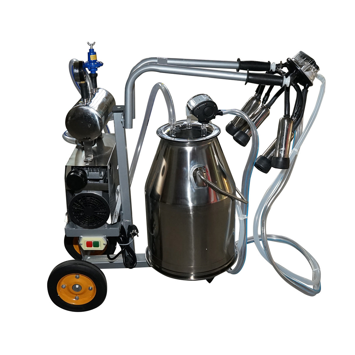 Dispositivo per mungitura di mucche, 1 postazione, 650W, bidone in acciaio inox da 25L, gruppo di mungitura con 4 manicotti, pressione del vuoto 45-50 kPa, pulsazioni 60-80 cpm