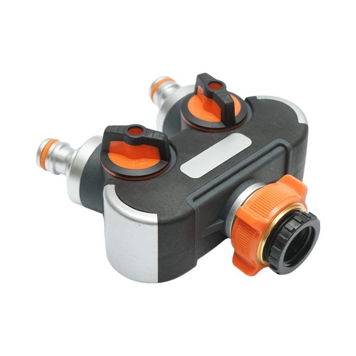 Distributore a 2 vie con rubinetti, connettori 1/2 e adattatore rubinetto 1/2-3/4 per tubo da giardino