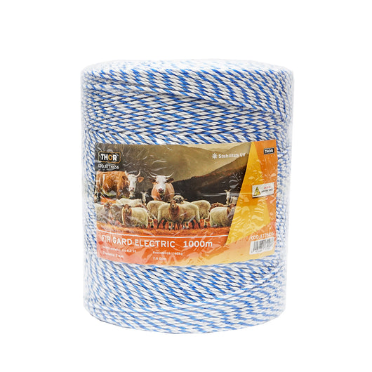 Filo bianco-blu, diametro 3 mm, inserto metallico 3x0.2 mm SS, resistenza 7.8 Ohm/m, 1000 m per recinzione elettrica, Thor