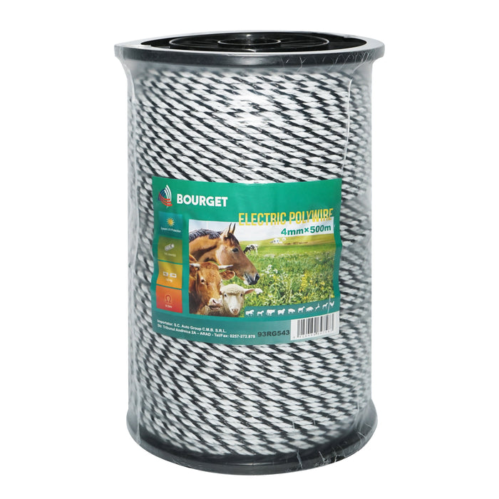 Filo bianco-nero, diametro 4 mm, 3x0.2 mm SS, 500 m per recinzione elettrica, resistenza 9 Ohm, Bourget