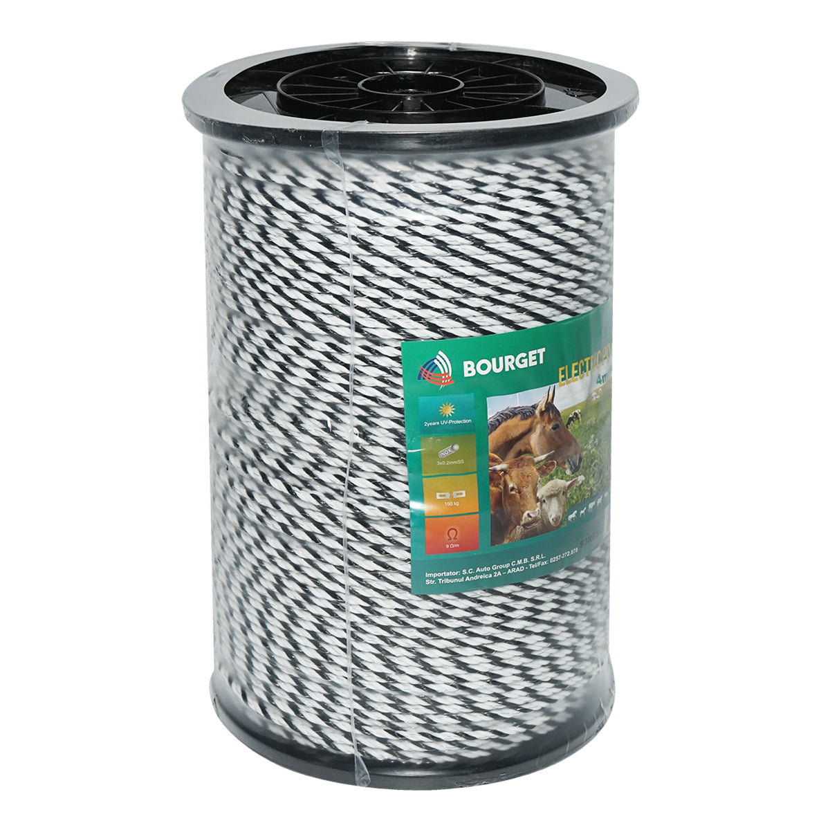 Filo bianco-nero, diametro 4 mm, 3x0.2 mm SS, 500 m per recinzione elettrica, resistenza 9 Ohm, Bourget