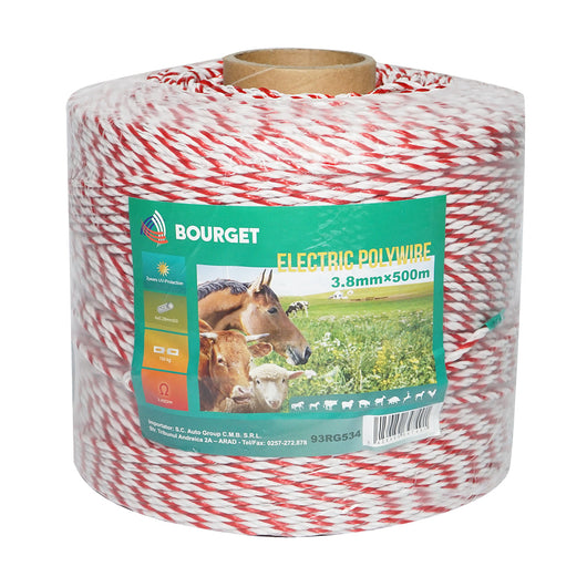 Filo bianco-rosso, diametro 3.8 mm, 4x0.28 mm SS, 500 m per recinzione elettrica, resistenza 3.45 Ohm, Bourget