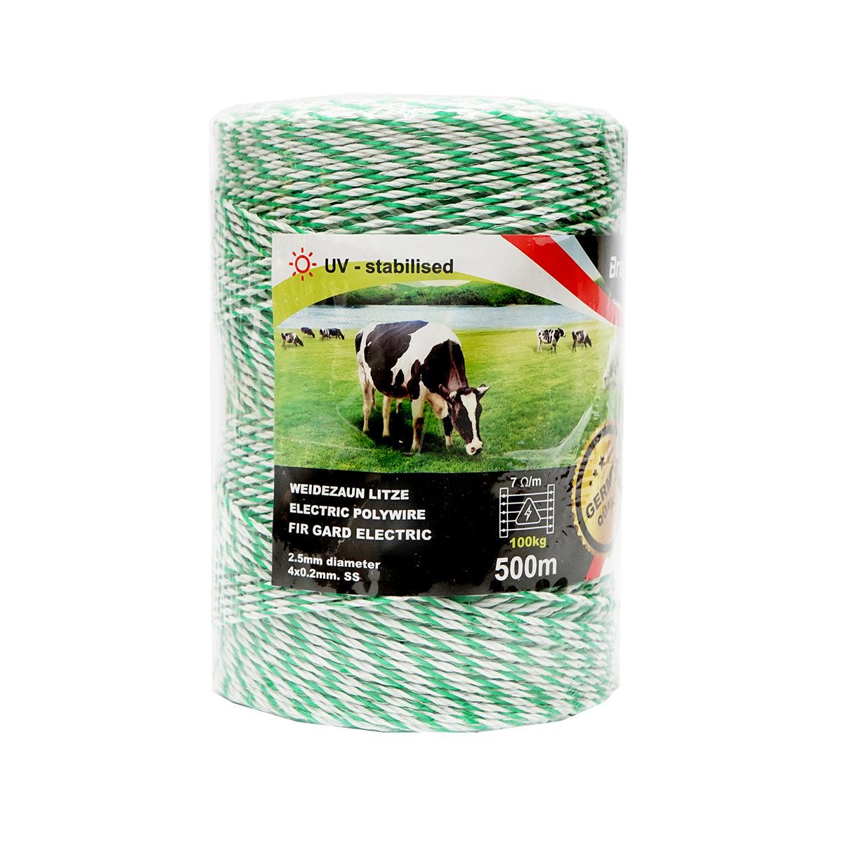 Filo per Recinto Elettrico, Lunghezza 500 mt, Ø2.5mm. 4x0.2mm. SS, 7 Ohm/m, colore Bianco/Verde, Recinzioni Elettriche Breckner Germany