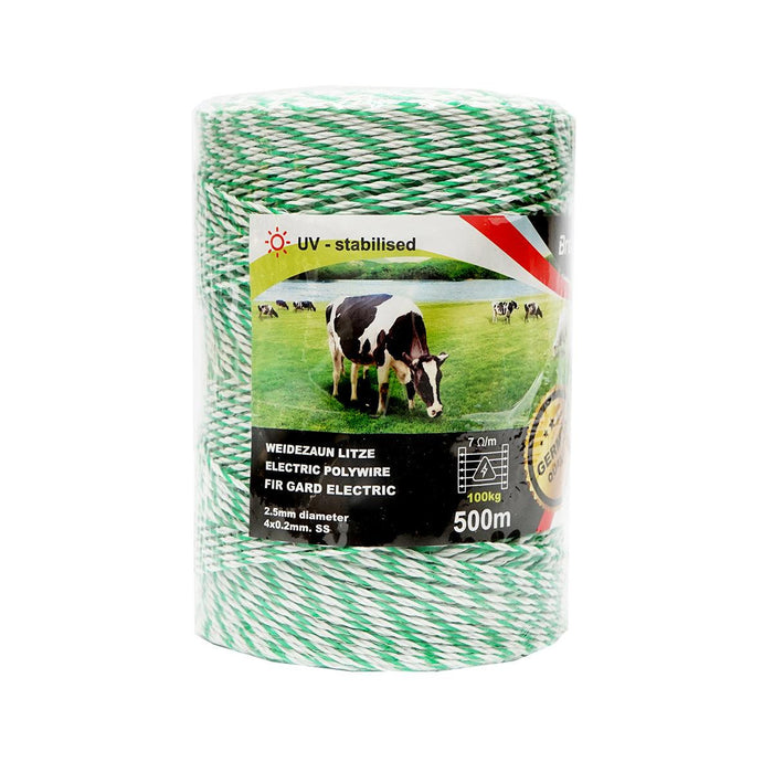 Filo per Recinto Elettrico, Lunghezza 500 mt, Ø2.5mm. 4x0.2mm. SS, 7 Ohm/m, colore Bianco/Verde, Recinzioni Elettriche Breckner Germany